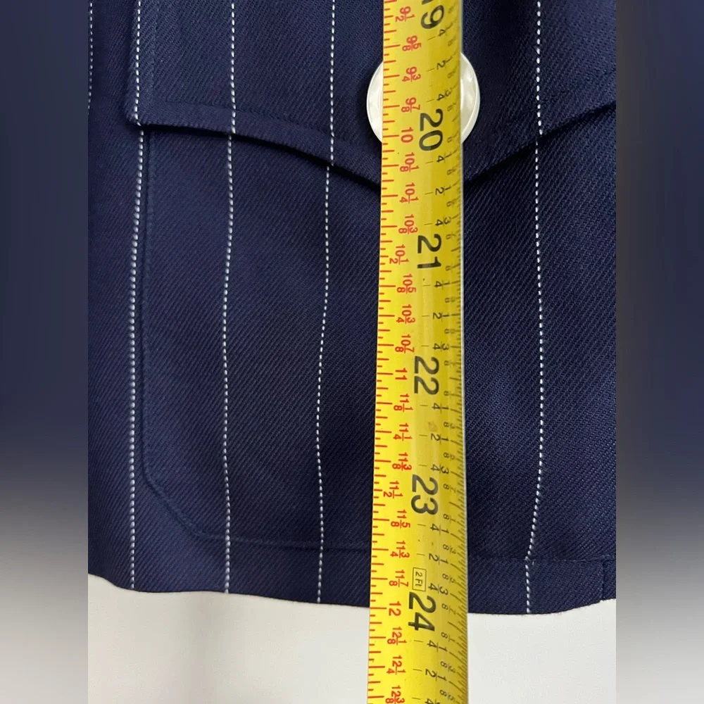 Christian Dior blazer skirt set navy blue pinstripe short sleeve vintage USA 6